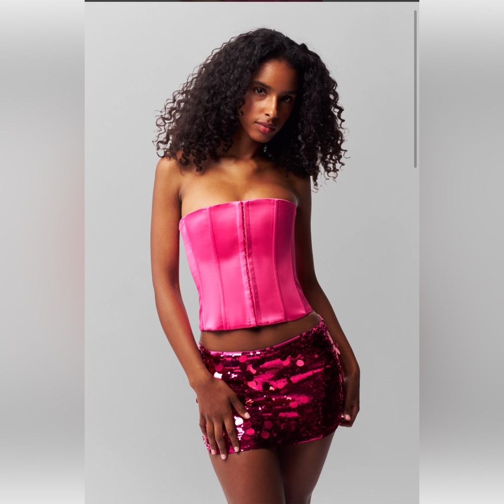 Danielle Guizio Satin Corset True Pink Strapless Top